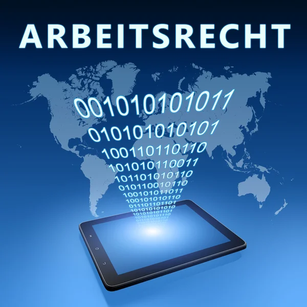 Arbeitsrecht - parola tedesca per illustrazione di diritto del lavoro con tablet su sfondo blu — Foto Stock